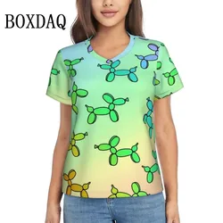 Rainbow Balloon Dogs Print T Shirt Female Summer V-Neck T Shirts Short Sleeve Street Fashion Shirt Women Cute Graphic Kawaii Top