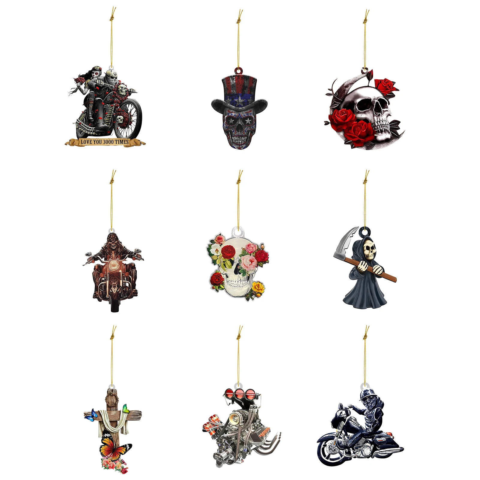 Car Pendant Skull Motorcycle Rider Decor Mirror Hanging Pendant Auto Rearview Mirror Hanging Halloween Christmas Flat Ornament