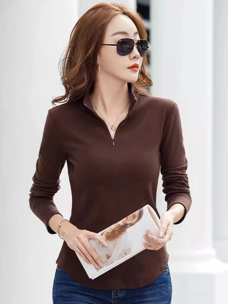 Nouveau Femmes Col mi-haut avec fermeture éclair Chemise bas Automne Hiver Simplicité de la mode Couleur unie Manche longue T-shirt ajusté Hauts