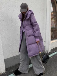 Giacche con cappuccio in piuma di media lunghezza da donna, piumino Casual coreano con coulisse Parka caldo, cappotto invernale spesso allentato, cappotti femminili