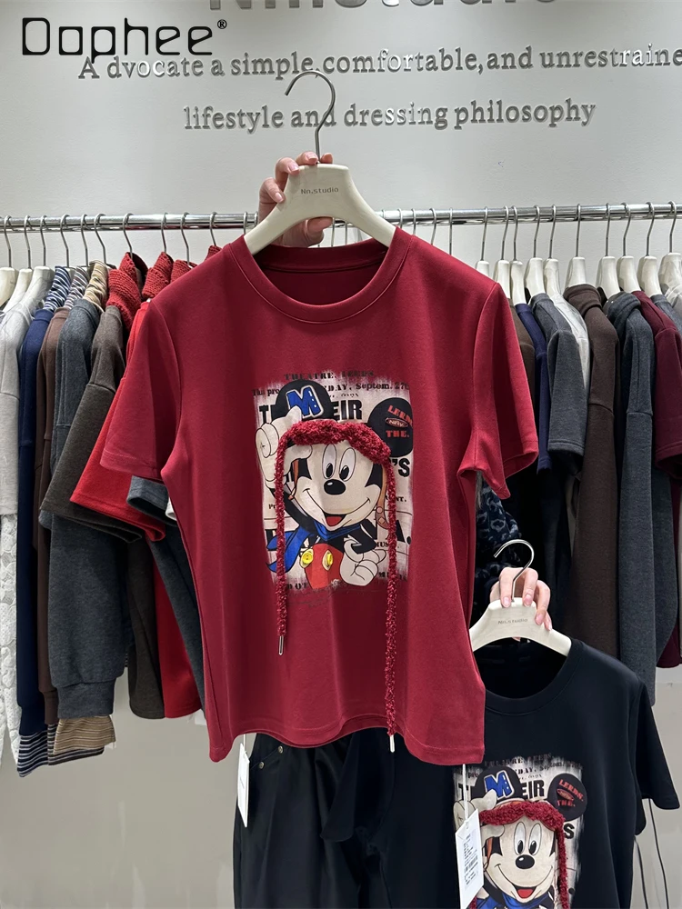 

Spring New Design Double-Sided Cotton Regular Shoulder Slimming Heavy Craft Base Shirt Short Sleeve T-Shirt Women's Top