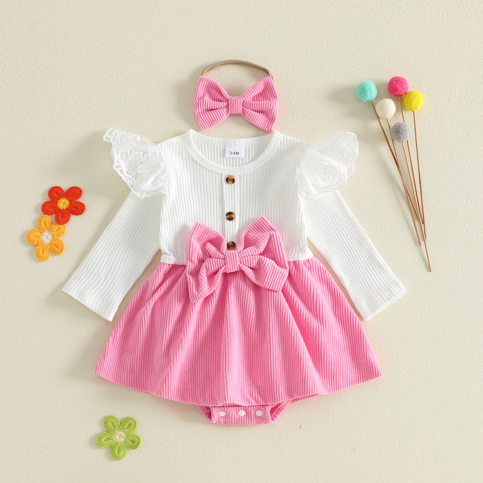 Baby Girl Fall Corduroy Bodysuit Lace Ruffle Long Sleeve Patchwork Romper Dress Headband