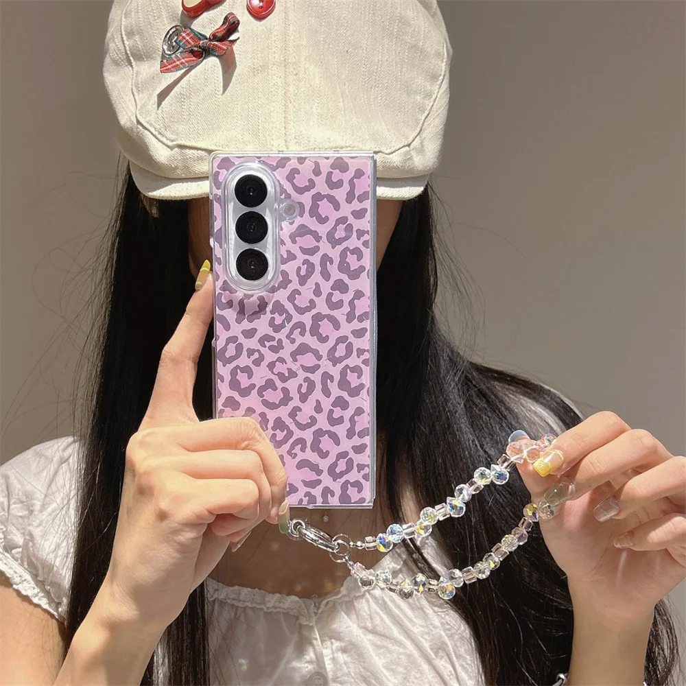 Y2K Cool Edgy Pastel Leopard Print Phone Case for Samsung Galaxy Z Fold 7 Sweet Crystal Bead Strap Protect Cover for Z Flip 7-3