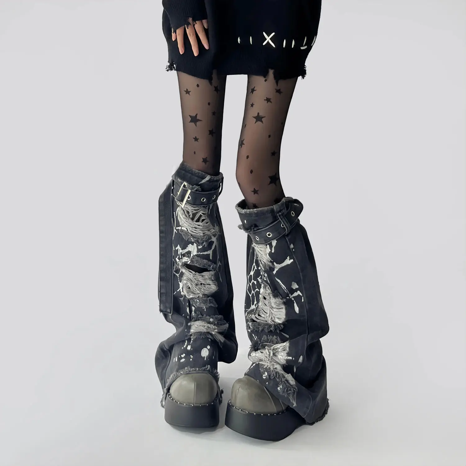 

Y2k 2000s Subculture Wide Leg Warmers Broken Hole Denim Socks Cosplay Harajuku Kawaii Fashion Knee High Boots Rock Legs Warmer