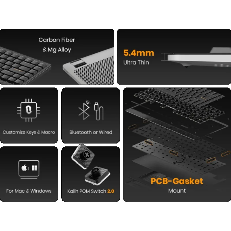 Imagem -02 - Borda 84 Teclado Ultra Fino Fibra de Carbono mg Liga Kailh Pom Switch 2.0 Pcb-junta de Montagem Bluetooth ou com Fio lo