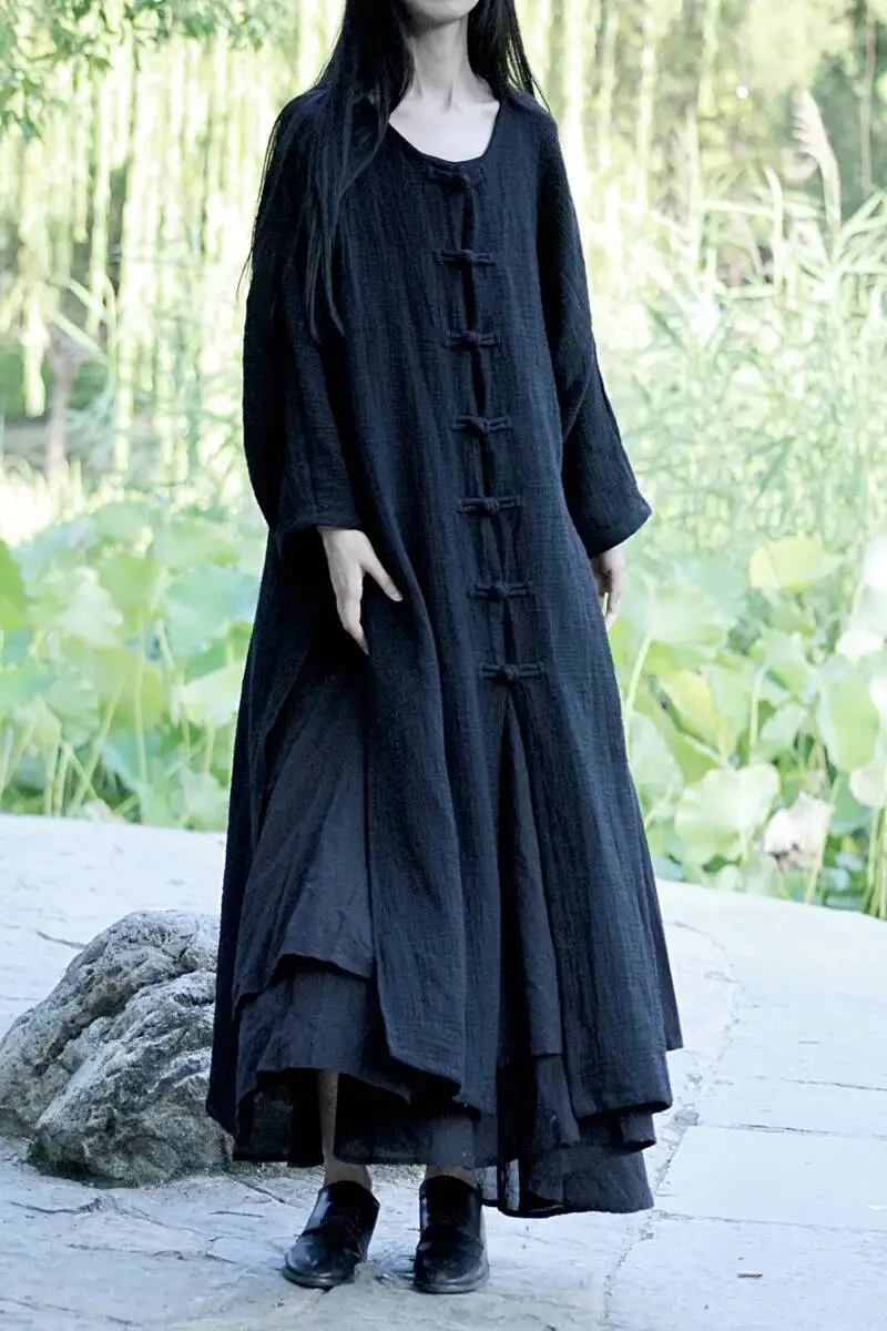 Damski płaszcz z bawełny i konopi UMI MAO, jesienny, w stylu retro, chińskim, sukienka, długi artystyczny kardigan zapinany na guziki, styl Y2K.