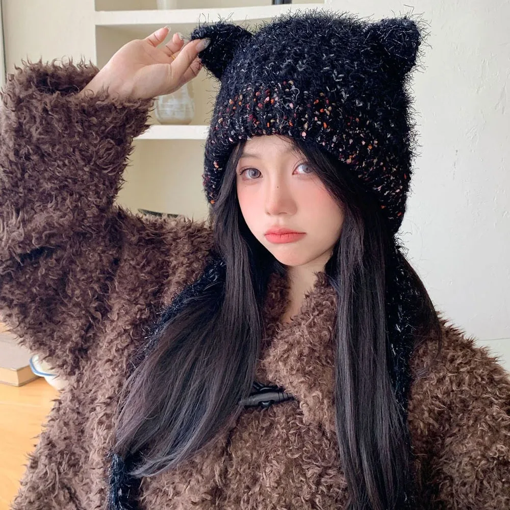 

High Quality Cartoon Cat Ear Knitting Beanie Windproof Keep Warm Earflap Hat Cold Protection Multicolor Knitted Hat Woman