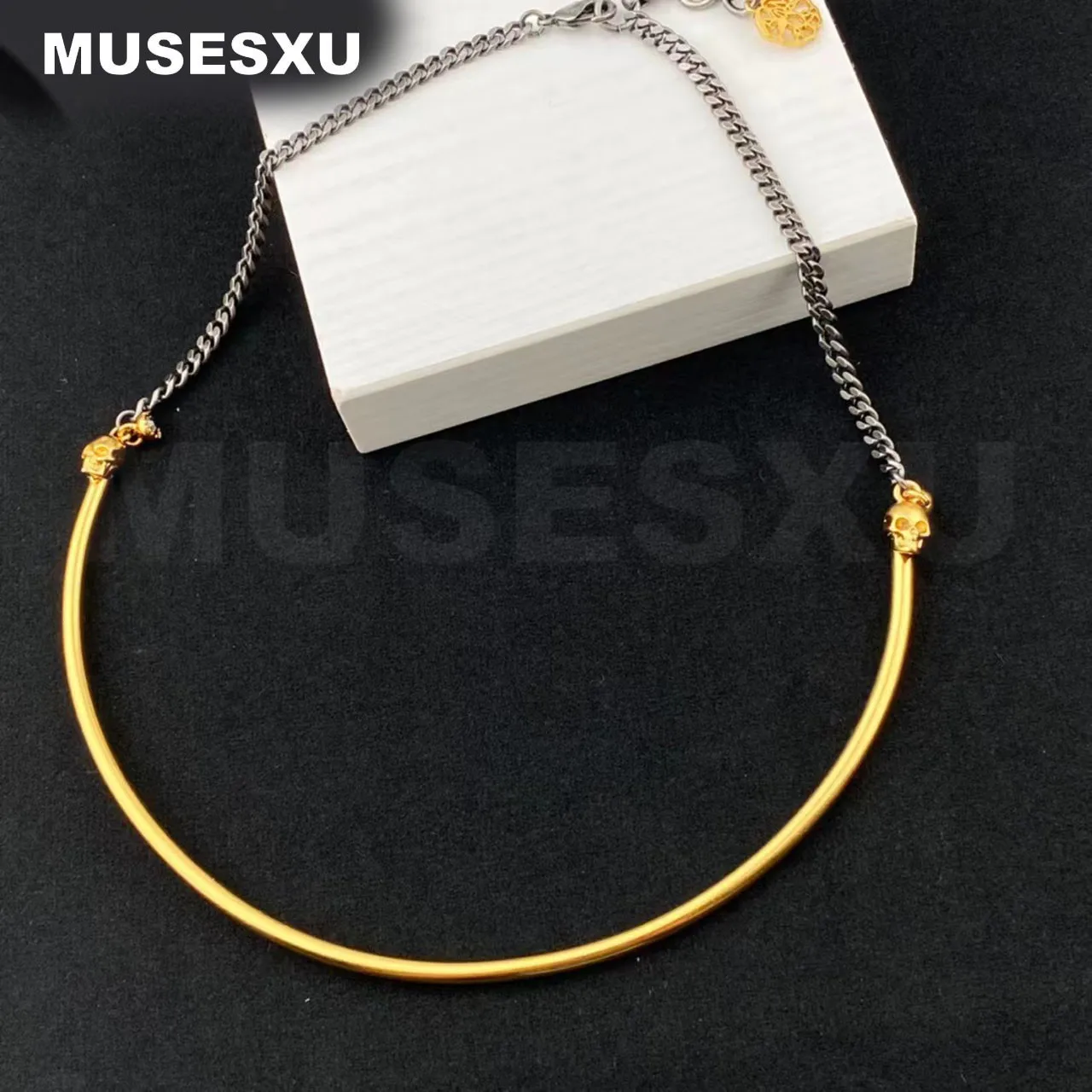 

Jewelry & Accessories Luxury Retro Brand Golden Skull Semicircle Neck Strap Two Color Metal Necklace For Women's Party Gifts