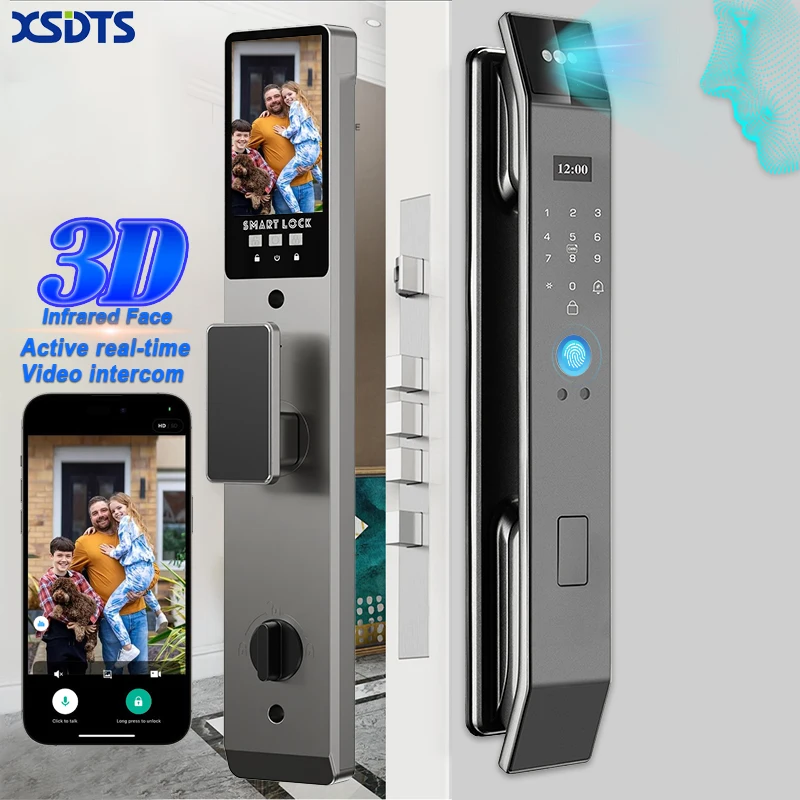 Suitable for graffiti smart 3D facial recognition door lock, fingerprint keyless entry, real-time video intercom, aluminum door