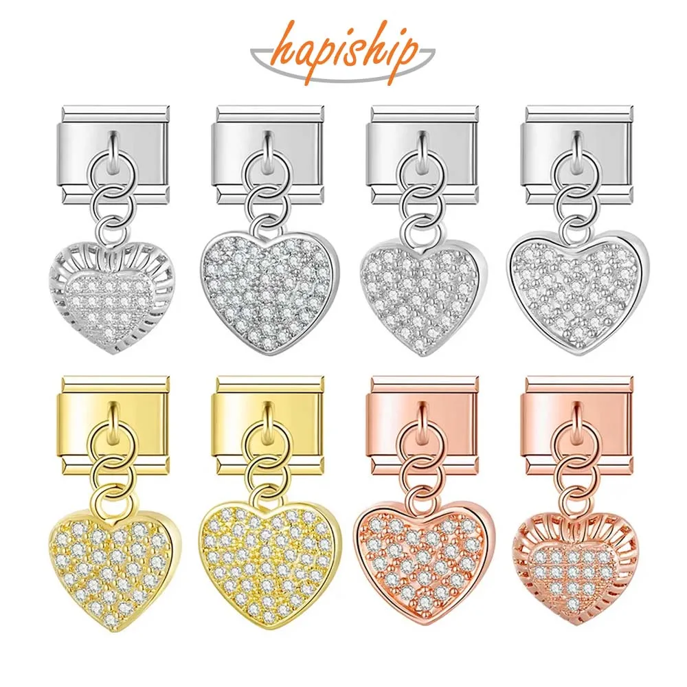 Hapiship 2023 New Fashion Romantic Heart Shiny CZ Charm Italian Links Fit 9mm Stainless Steel Bracelet DIY Making Jewelry DJ610