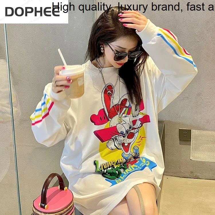 Sweatshirt Mid-length Female 2023 New Spring Autumn Loose Long Sleeve T-shirt Hot Drilling Cartoon Printed Pullover Hoodies