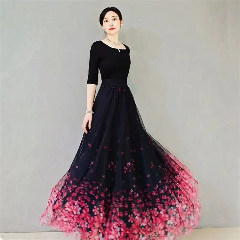 

2024 Spring Summer Autumn Women Mesh Floral Skirt Long Gauze Skirt High Waisted grace Fashion Puff Skirts Elegant Mujer printin