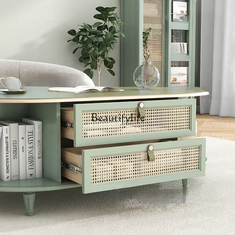 XX39 طاولة قهوة من الخيزران الطبيعي لغرفة المعيشة بيضاوية يابانية بسيطة وباب مصراع دوار وطاولة منخفضة #5