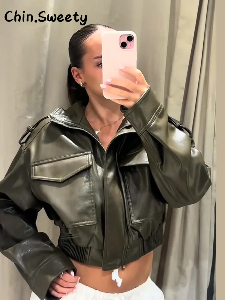 Chaqueta de cuero recortada con bolsillos Vintage para mujer, abrigo holgado con cuello levantado y manga larga con cremallera, prendas de vestir elegantes para mujer 2025