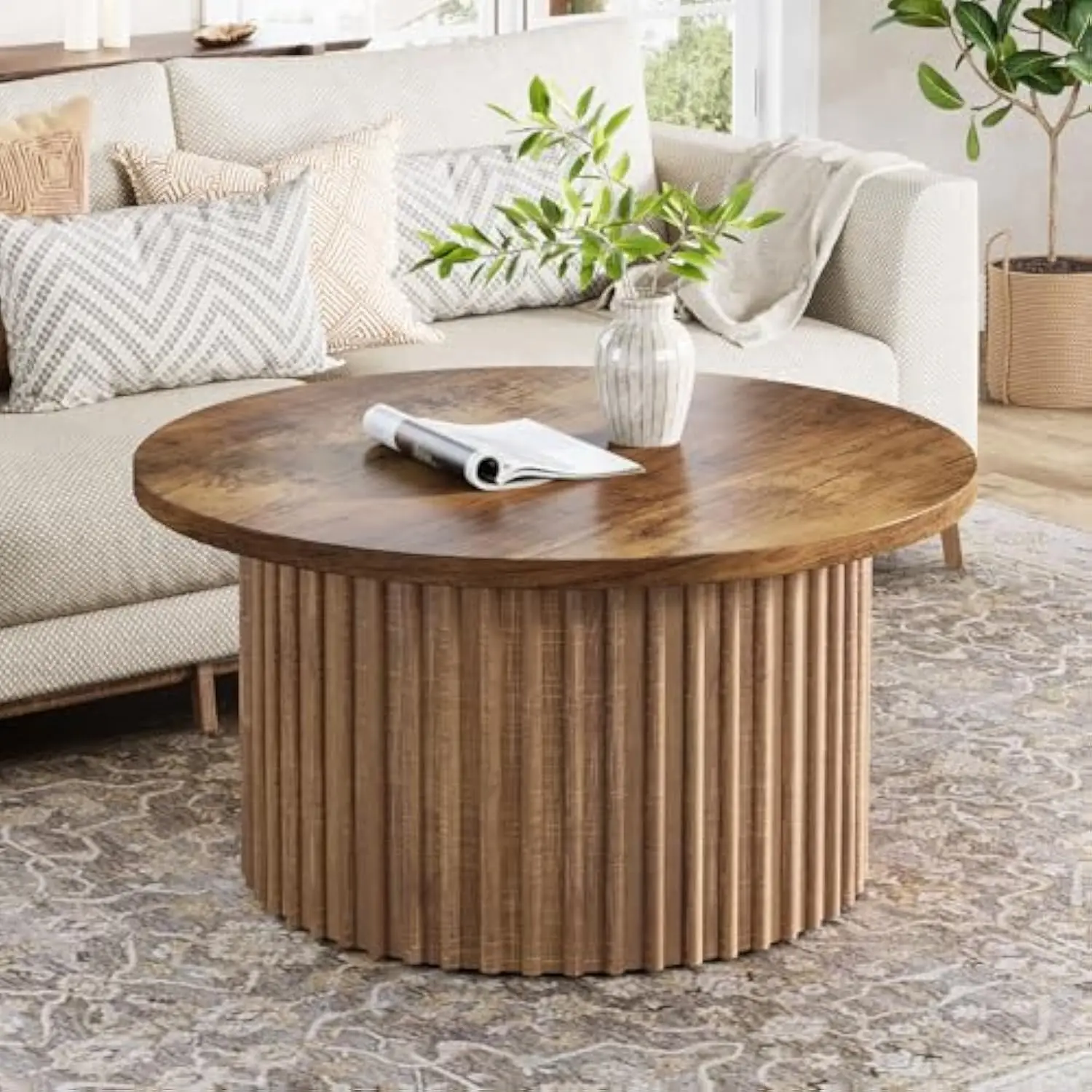 

31.5 Round Coffee Table, Farmhouse Circle Coffee Table with Metal Base, Modern Wood Accent Center Table Sofa Side Table for Li