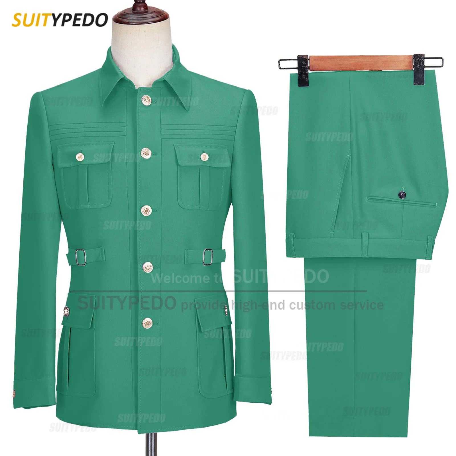 Tunique chinoise à boutons dorés pour hommes, blazer imbibé, pantalon élégant, vestes de marié de mariage, coupe couvertes, smoking d\'affaires,