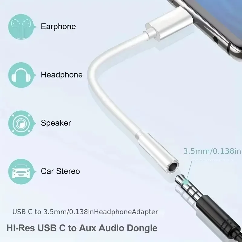 Type C to 3.5mm Headphone Jack Audio Dongle TPE Cord Straight & Elbow Alloy Converter Black White Red Gold Aux Audio Adapter