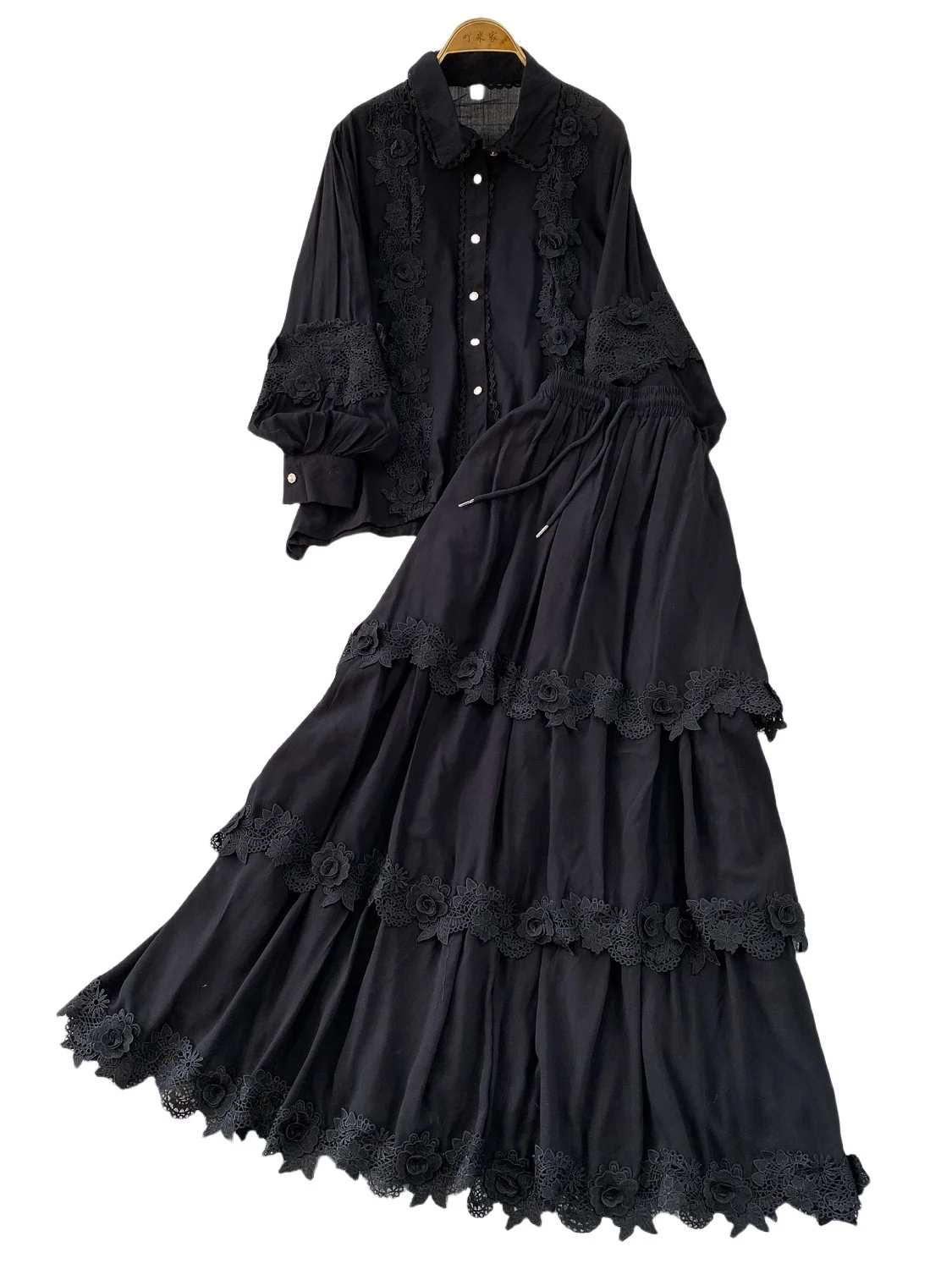 

Sweet Lace Splice Stand Collar Lantern Sve irt Комплект из двух предметов с высокой талией Тонкая юбка-тортик F Юбка Autumn Faion Женская...