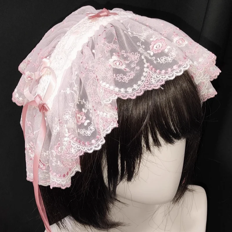 

New Original Handmade Subculture Pink Lace Bow Princess Heart Headband Lolita Gothic Lace Ruffled Headpiece Accessory