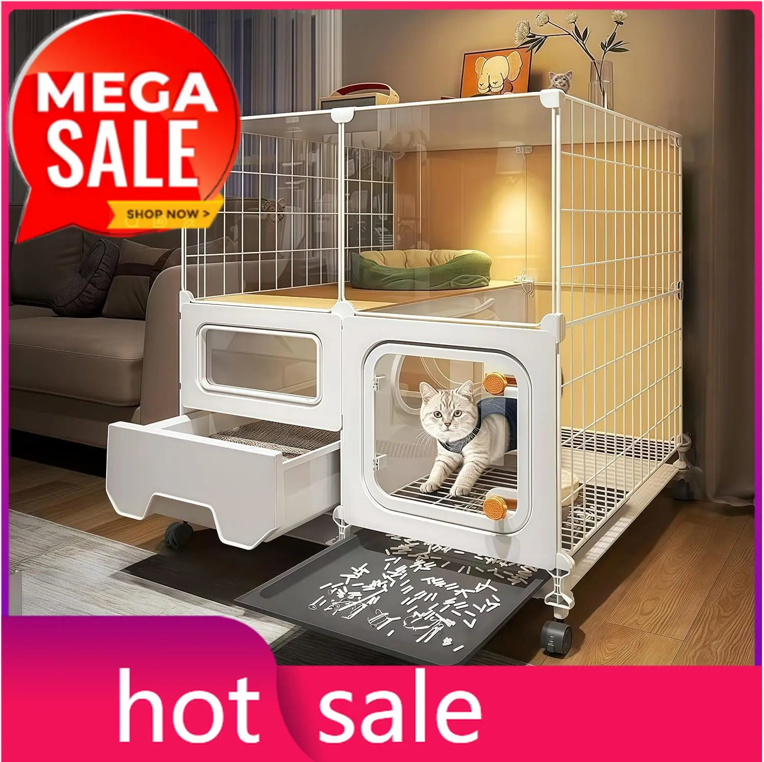 

Indoor cat cage with Litter Box, Complimentary Cat Bed, Bow,lcat House with Wheels Outdoor,Large cat Villa Playpen, Small Animal