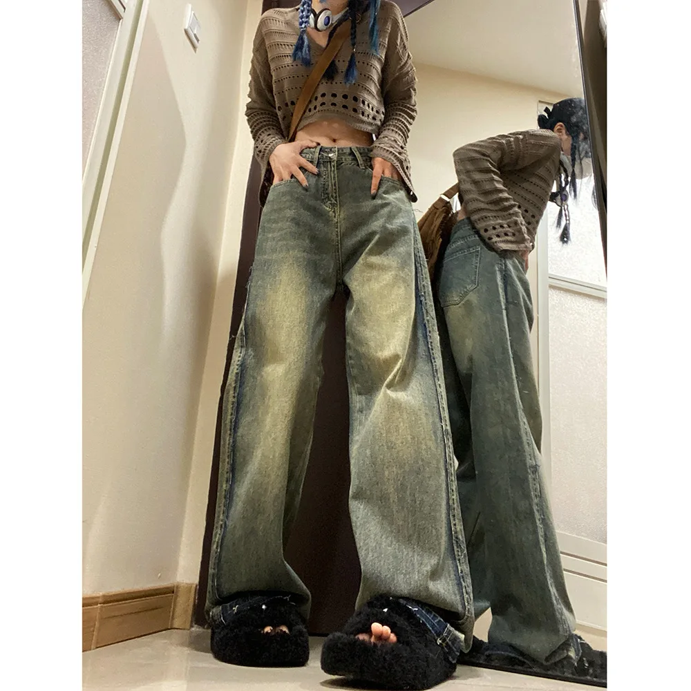 Jean Taille Haute en Denim Style Rétro Américain, Pantalon Baggy à Jambes Larges, Streetwear, FJY2K, à la Mode, 2025