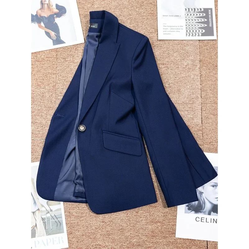 Pakaian kerja wanita kantor, Blazer Formal wanita Navy kuning lengan panjang Solid