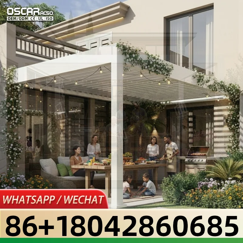 Pérgola de aluminio motorizada con lamas ajustables para jardín, bar y patio.