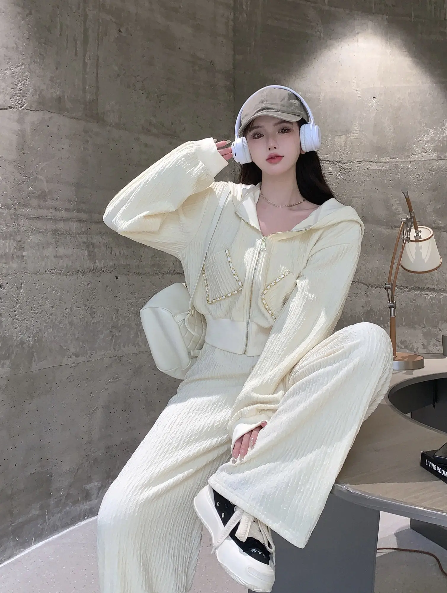 

White Wide Leg Suit Pant Hooded Cardigan Sweater Jacket Women's Spring Soft High Waist Straight Casual Pants Two-piece Set