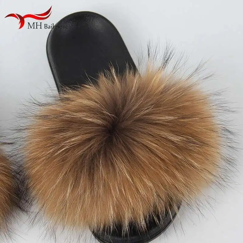 Real Raccoon Fur Slippers For Women 2023 Summer Fluffy Indoor House Fuzzy Flat Slides Outdoor Fashion Beach Sandals Flip Flops image 6