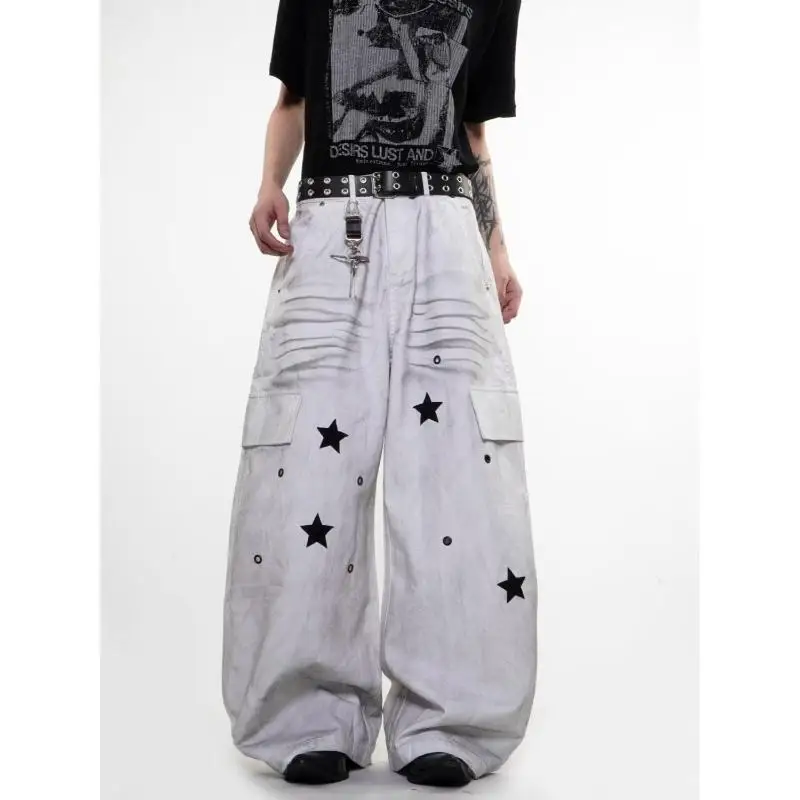 Men's Star Pattern Dirty White Vibe Casual Pants Wide Legs Sweatpants Boy Summer Bottom Male High Waist Unisex Baggy Trousers