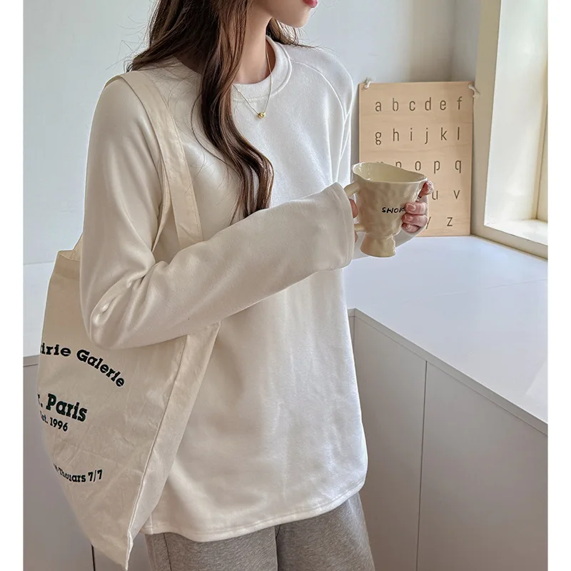 Thickened Fleece Women's Base Shirt round Neck Long Sleeve Loose Fit Shoulder High Sensation Autumn Winter New Style Inner Wear