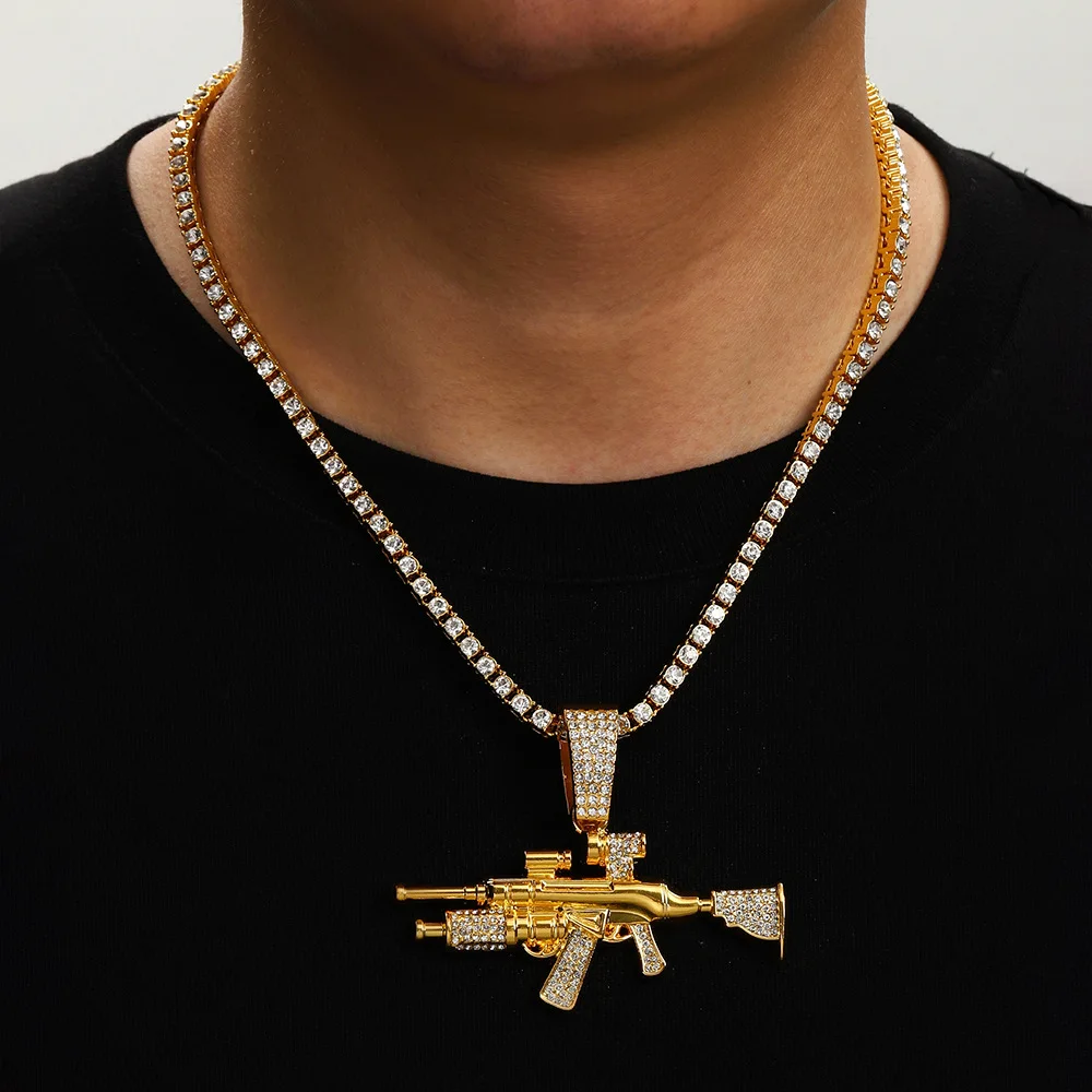 Newly Arrived Jewelry Gold Color Inlaid All Zircon Sniper Rifle Pendant Necklace UNISEX Halloween Hip Hop Happy Party Necklace