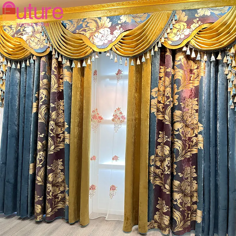 

Vintage Palace Blue Jacquard Velvet Splice with Thick Shading Curtains for Living Room Bedroom High Window Customized Villa