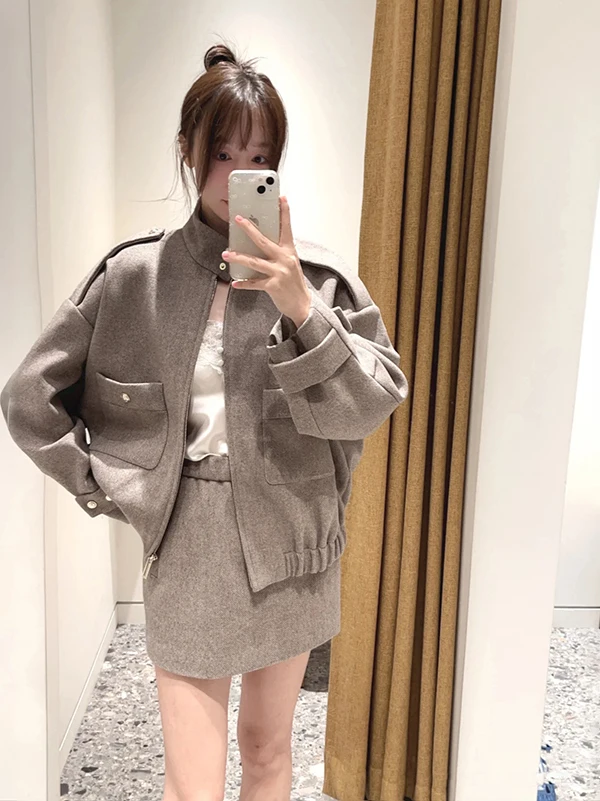 

Autumn Winter Wool Blend Zipper Jacket Coat Ultra Short Stand Collar Set Women's Warm Long Sleeve Pure Color Commute Style