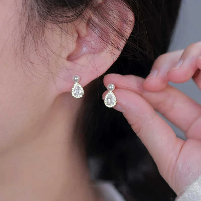2025 Morning Dew Zircon Water Drop Pearl Earrings Small Cute High Grade Inlaid Bead Tears Earrings 925 Silver Ear Stud