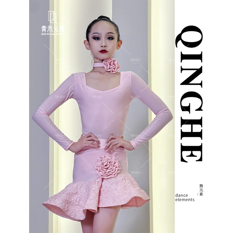 New Latin Dance Outfit for Spring and Summer, Pink Training Suit for Girls Performing Skirts, Dance Outfit Set