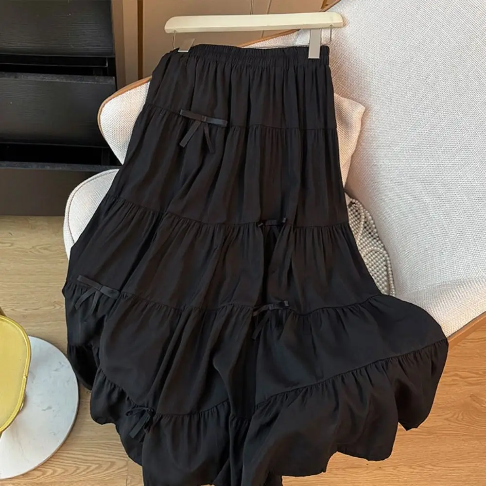 

Многоярусная юбка-миди с бантом, высокая талия, плиссированные длинные юбки трапециевидной формы, корейский стиль, однотонное длинное платье с семью точками, пляжное