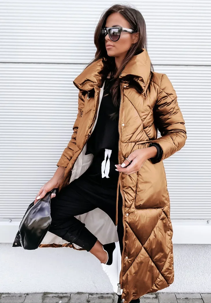 Glossy Parkas Outwear Women Long Sleeve Lapel Long Winter Keep Warm Parkas Outwear Zipper Cotton-Padded Coat Jackets