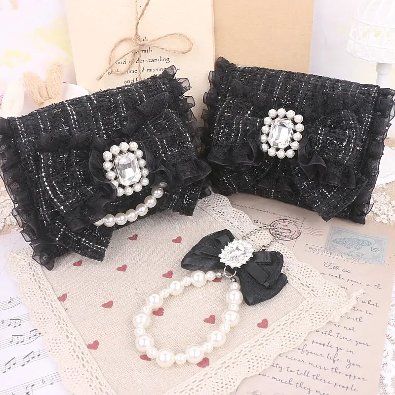 Japanese Original Lolita Sweet Cute Lace Trim Clutch Heavy Rhinestone Bow Wallet