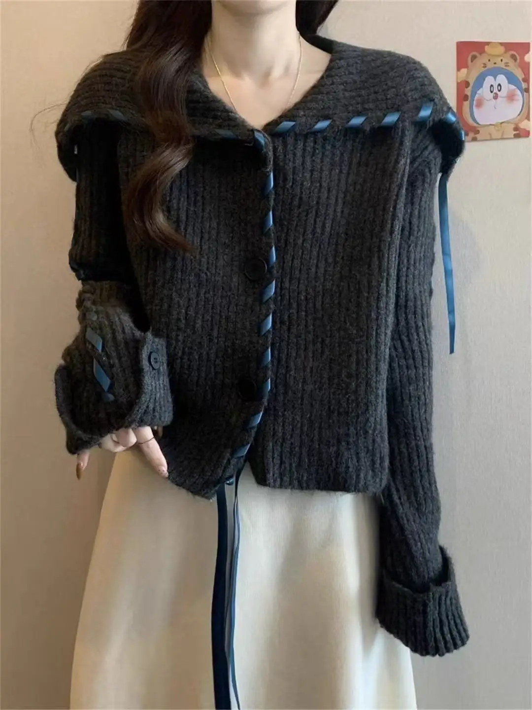 الكورية Sle طويلة Sve بدوره إلى أسفل طوق محبوك سترة المرأة الخريف الشتاء جديد Sle سترة مفتوحة مخطط Dstring Na... #5