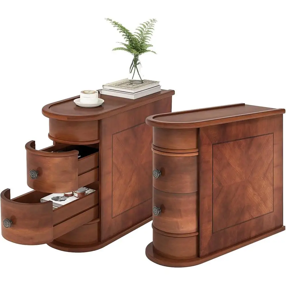 No Assembly Required Side Table Set of 2 with Drawers Vintage Slim End Table Storage Living Room Sofa Bedroom Office