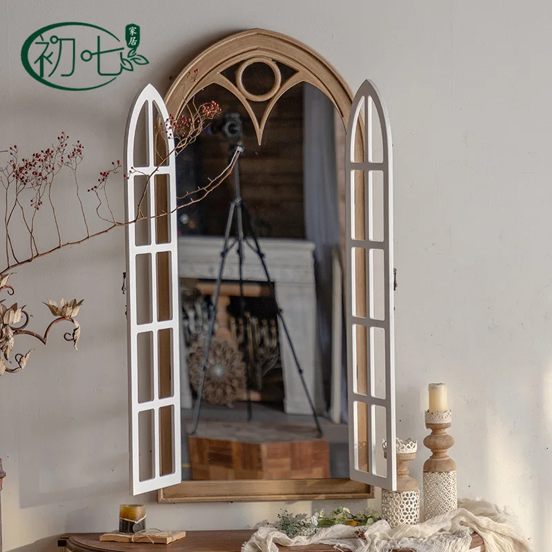 

Retro wedding decoration creative hanging mirror fake window homestay old fitting mirror photography props solid wood floor mirr