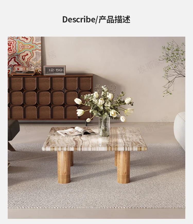 Natural travertine coffee table square high-end table small apartment minimalist retro side table