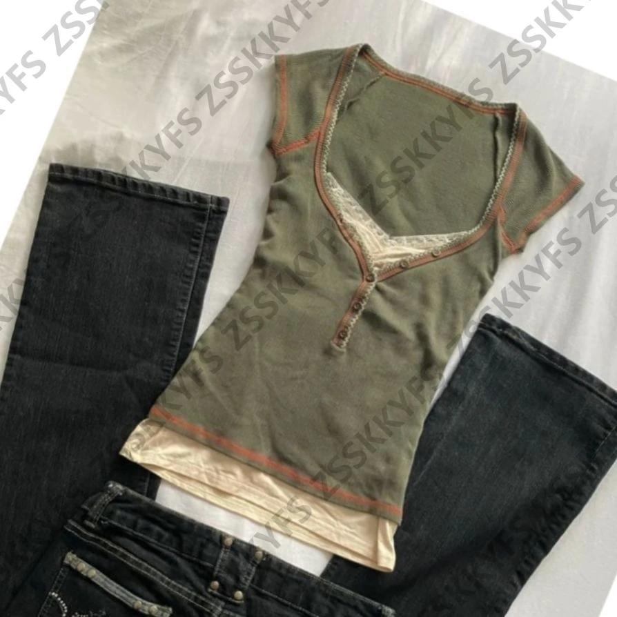 Y2k Clothes T-shirt Harajuku Korea Y2k 90s Goth Punk Vintage Crop Top Summer Fake 2Pieces Slim Lace Hot Girl Tee Emo Grunge Chic image 3