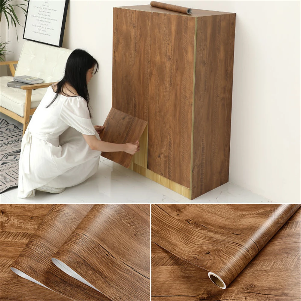 60cmWaterproof Wood Grain Vinyl Self-Adhesive Contact Paper Peel-and-Stick DIY Wallpaper for Cupboard Table Furniture Home Decor