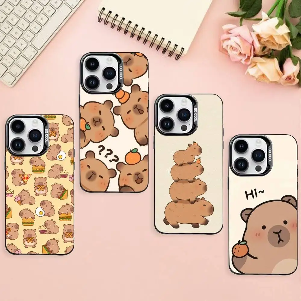 

Cute Capybara Phone Case For iPhone17,16,15,14,13,12,Pro Max Black Colored Silver Plated Inside Cover