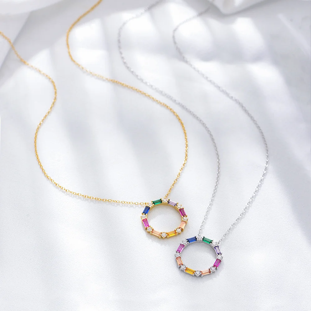 

Korean S925 Sterling Silver Niche Necklace, Rainbow Baguette Zircon Circle, INS Trendy Collarbone Chain for Women