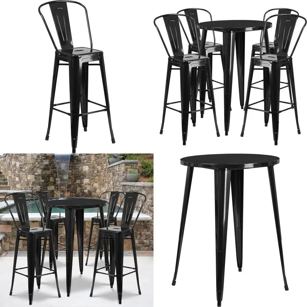 

Callum Commercial Grade 30" Round Black Metal Indoor-Outdoor Bar Table Set with 4 Cae Stools