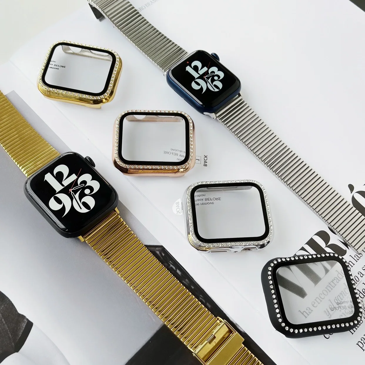 Glass+Diamond Case For Apple watch series 10 9 se 8 7 6 5 4 45mm 44mm 42mm 40-41-46mm Bling Bumper Screen Protector Accessories