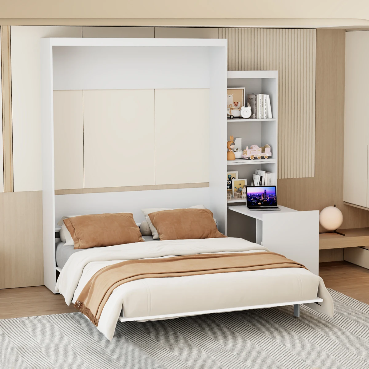 Anpassbares Modernes Design Holzrahmen Klappbares Regal mit Schubladen Schlafzimmer Gästezimmer Weißes Wandbett Platzsparendes Verstecktes Bett